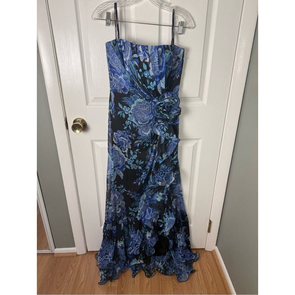 Tadashi Shoji Morwenna Floral Print Ruffle Gown In Blue 2 - Picture 2 of 7